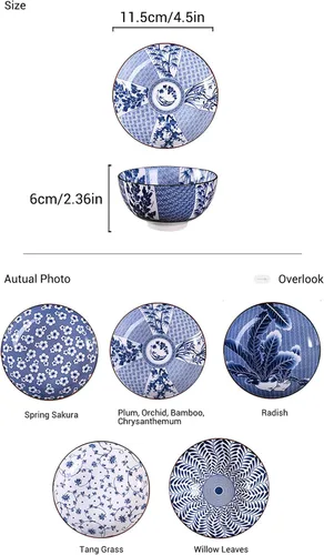 Miniatura 5 de Gegong Paquete de 6 cuencos de cerámica, cuencos de arroz de estilo japonés, cuencos de porcelana azul y blanca de 10 onzas, cuencos de cereales