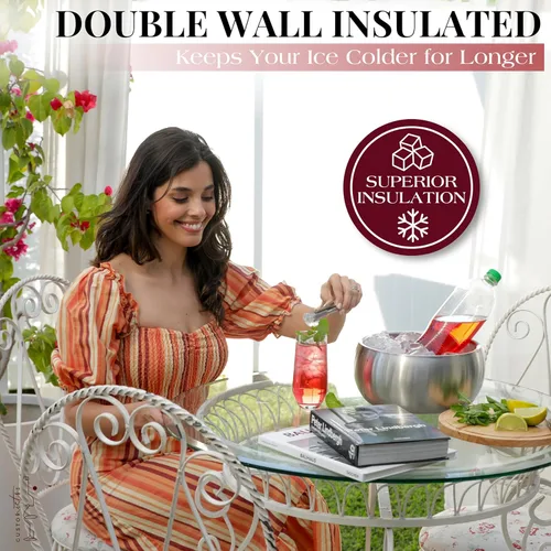 Miniatura 5 de Gusto Nostro Cubo de hielo aislado de 4.1 L con tapa y pinzas, cubo de hielo de acero inoxidable de doble pared, grande, sin BPA para bar de Plateado