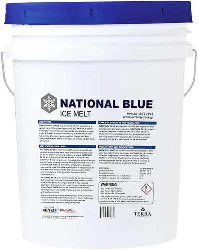 National Blue Snow Salt Ice Melt Cubo de 50 libras – derretidor de hielo de acción rápida – apto para mascotas, plantas y hormigón, respetuoso con