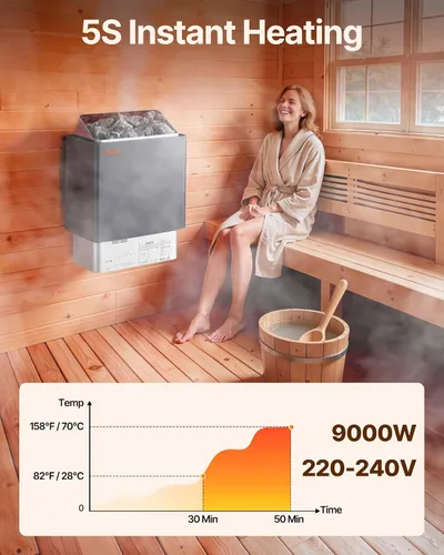 Miniatura 2 de VEVOR - Calefactor de sauna, estufa eléctrica de 9 kW, 220 V, calefactor de baño de vapor con controlador digital externo, temporizador de 3 h