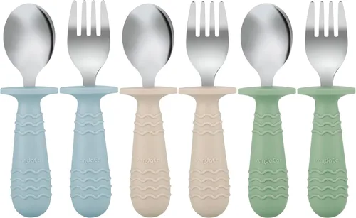 PandaEar 6 Piezas Utensilios de Silicona de Acero Inoxidable para Bebés y Niños Pequeños Cubiertos Cuchara Tenedor para Bebés y Niños Pequeños Sin