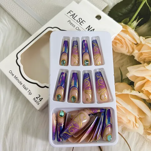 Miniatura 6 de Uñas postizas largas cuadradas de acrílico artificiales con punta francesa, diseño de mariposa dorada, diseño de mariposa dorada, uñas postizas