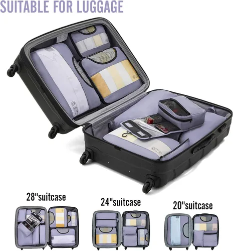 Miniatura 6 de Veken Juego de 8 cubos de embalaje para artículos esenciales de viaje, bolsas organizadoras de maleta en 4 tamaños, accesorios de equipaje de mano