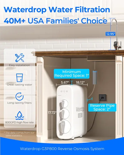 Miniatura 2 de Waterdrop Sistema de ósmosis inversa G3P800, flujo rápido de 800 GPD, certificado NSF/ANSI 42 y 53 y 58 y 372, 3:1 puro para drenar, sistema