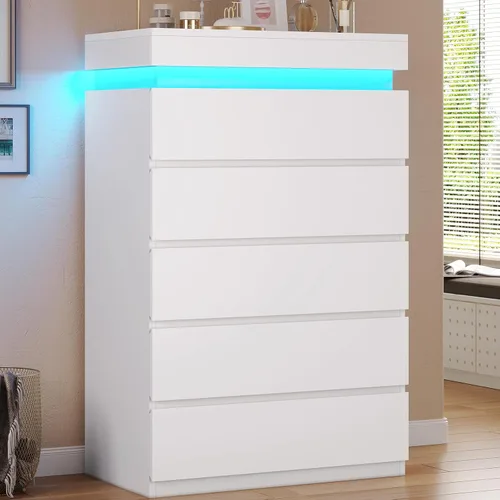 Miniatura 7 de HAUOMS Cómoda alta de 5 cajones con luz LED, cómoda moderna blanca para dormitorio, vestidor de armario con cajones para sala de estar, entrada