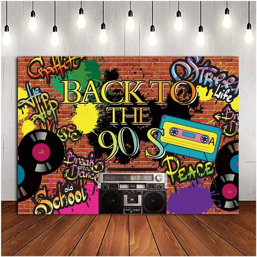 Miniatura 3 de Fondo de fotografía de fiesta temática de los años 90 Hip Hop 90th Graffiti pared de ladrillo Fondo de fotos de vinilo de 5x3 pies Retro Radio Prom