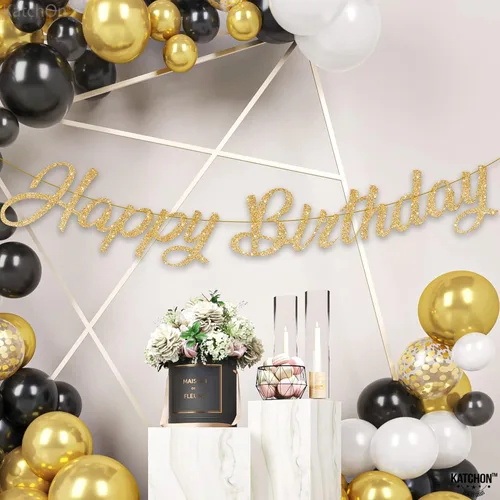 Miniatura 7 de KatchOn, Cartel de feliz cumpleaños cursivo dorado con purpurina – pre-encordado, 10 pies Decoraciones de cumpleaños para mujeres, hombres y niñas