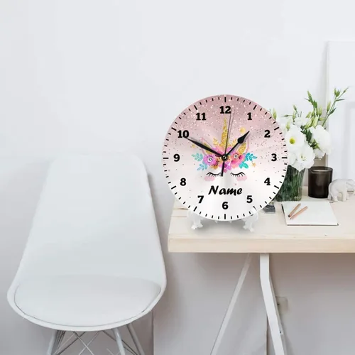 Miniatura 4 de Reloj de pared personalizado con diseño de unicornio y rosa con purpurina para habitación de los niños, reloj de pared personalizado con nombre