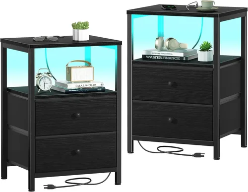 Miniatura 22 de BOLUO Cómoda alta con cajones, mesita de noche blanca con estación de carga y luz LED, cómoda pequeña de 4 cajones en blanco para dormitorio
