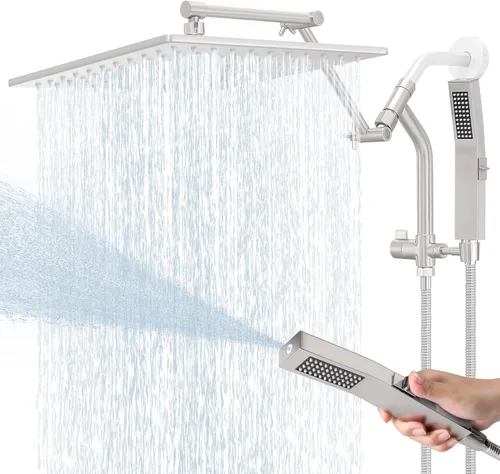 Regadera de lluvia de metal de 12 pulgadas con modo de lavado eléctrico integrado de mano, cabezales de ducha cuadrados de cascada de alta presión