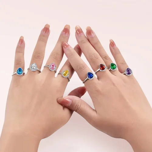 Miniatura 6 de 925 Sterling Silver Birthstone Rings for Women Girls with Clear 2ct HeartRoundTeardropSquare Crystal, Solitaire Diamond Halo Open Bands Cubic