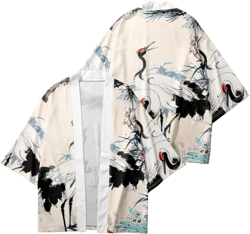 Miniatura 2 de DOSLAVIDA Conjunto de chaqueta kimono japonesa para hombre, elegante abrigo frontal abierto con pantalones cortos, estilo chino, cárdigan impreso