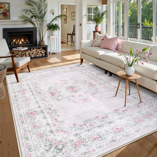 Miniatura 14 de Wonnitar Alfombras rosas para dormitorio, niñas, guardería, alfombra lavable con estampado floral de 5 x 7 pies, bohemio, ultrafina, antideslizante