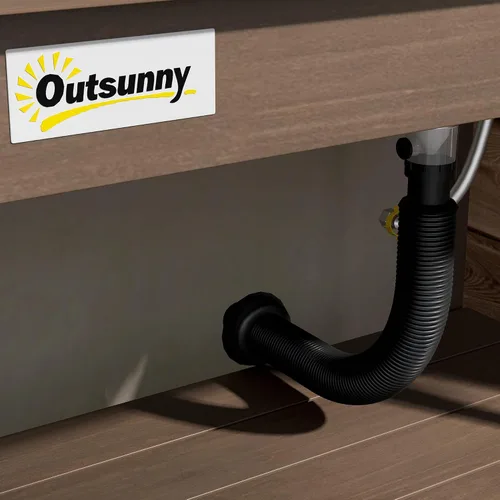 Miniatura 8 de Outsunny Banco de Jardinería Exterior de Madera con Mesa y Fregadero y Grifo, Estación de Trabajo de Jardín con Gabinete de Almacenamiento, Estantes