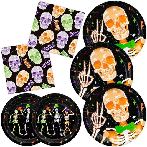DYLIVeS Suministros de fiesta de Halloween de esqueleto, platos de papel de calavera, platos de postre y servilletas de almuerzo para decoración de