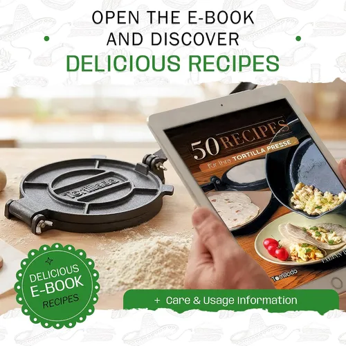 Miniatura 7 de Tortillada – Prensa para tortillas premium de hierro fundido con libro electrónico de recetas (25 cm)