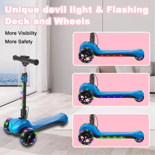 Miniatura 2 de Scooter eléctrico de 3 ruedas para niños de 3 a 8 años, pantalla LCD, luces coloridas, acelerador de pulgar confiable, 3 alturas ajustables, Azul-02