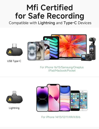 Miniatura 5 de MAONO Wave T1 Mini micrófono inalámbrico Lavalier para iPhone/Android, cancelación de ruido, filtro de voz AI, 30 horas utilizado con estuche