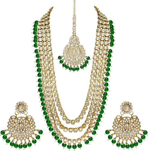 Aheli Indian Ethnic Wedding Faux Kundan Beaded Bridal Long Necklace Earrings with Maang Tikka Traditional Jewellery Set for Women