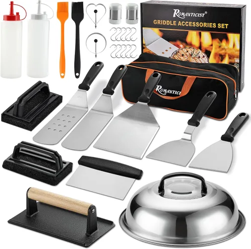ROMANTICIST - Juego de 29 piezas de accesorios para parrilla - Juego de espátulas Teppanyaki de parte superior plana con raspador, cubierta para