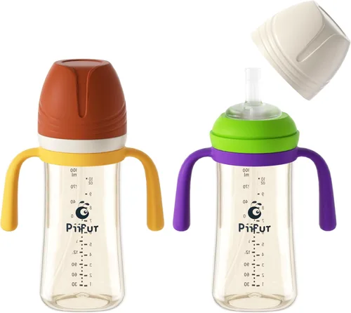 Piifur Vasos para sorber para niños pequeños de 1 a 3 años, popote antiderrames con asa, botella de agua, paquete de 2 unidades de 10 onzas, verde y