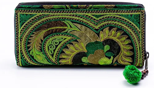 Miniatura 3 de changnoi Cartera de mujer hecha a mano con tela bordada tailandesa Hmong, Verde pájaro., Cartera con cremallera