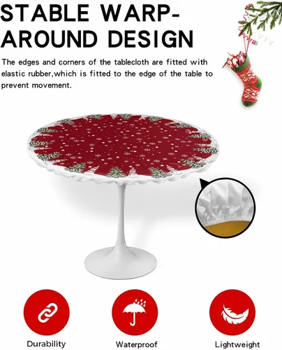 Miniatura 2 de Mantel redondo de Navidad de 55 a 60 pulgadas, impermeable, reutilizable, mantel elástico redondo ajustable para fiestas al aire libre, copo