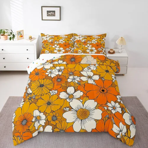Miniatura 10 de Juego de ropa de cama floral retro, tamaño individual, vintage de los años 70 y 60, juego de edredón para niños, adultos y adolescentes, juego