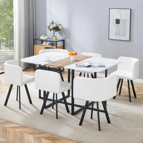 Miniatura 12 de Juego de mesa de comedor para 6, mesa de cocina de mármol y madera sintética de 60 pulgadas con 6 sillas de piel sintética, moderno juego de mesa