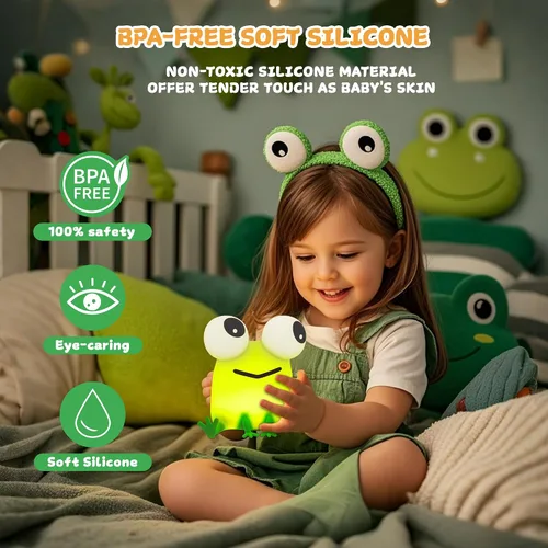 Miniatura 4 de FAMIDUO Linda luz nocturna de rana, lámpara LED de silicona esponjosa novedosa de animales, luz nocturna para guardería a 3 niveles con Verde