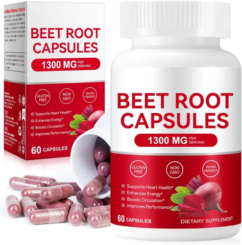 Cápsulas de raíz de remolacha de 1300 mg, energía natural y apoyo de resistencia, sin OMG - 60 cápsulas, suplemento de remolacha en polvo |