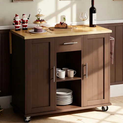 Miniatura 8 de SUNLEI Carrito de isla de cocina rodante con ruedas, mesa de isla para cocina, carrito de cocina de granja con hojas colgantes y toallero y cajón