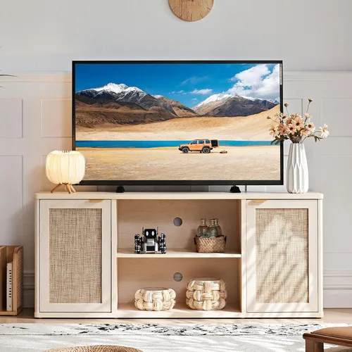 Miniatura 4 de LEYAOYAO Soportes de TV de ratán para sala de estar, gabinete de TV bohemio con almacenamiento y estante abierto, centro de entretenimiento