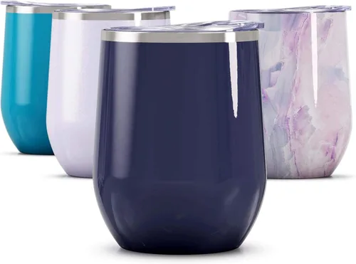 Maars Bev - Vaso de vino de acero inoxidable sin tallo con tapa, aislado al vacío de 12 onzas, a prueba de derrames, apto para viajes, vasos midnight