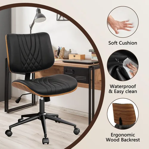 Miniatura 7 de CLATINA Silla de oficina en casa sin brazos, silla de escritorio con ruedas, silla de lectura de altura ajustable, respaldo medio de cuero y silla