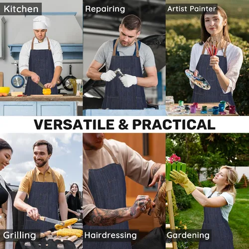 Miniatura 7 de Delantal de mezclilla de algodón para hombres y mujeres, delantal de chef profesional con bolsillos grandes para cocina, jardinería, barbacoa