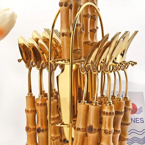 Miniatura 3 de Juego de cubiertos de acero inoxidable dorado de 24 piezas, cubiertos de mango de bambú con soporte, incluye cuchillo tenedor, cuchara y cucharilla