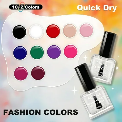 Miniatura 2 de Misssix 12 Pcs Nail Polish Set 10 Colors with Base Coat and Top Coat, Quick Dry Nail Polish, Mini Nail Lacquer Strengthening Manicure DIY Nail Art