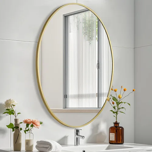 Miniatura 14 de Espejo ovalado dorado para baño, espejo de baño ovalado de 20 x 28 pulgadas con marco de metal cepillado, espejo de tocador decorativo montado