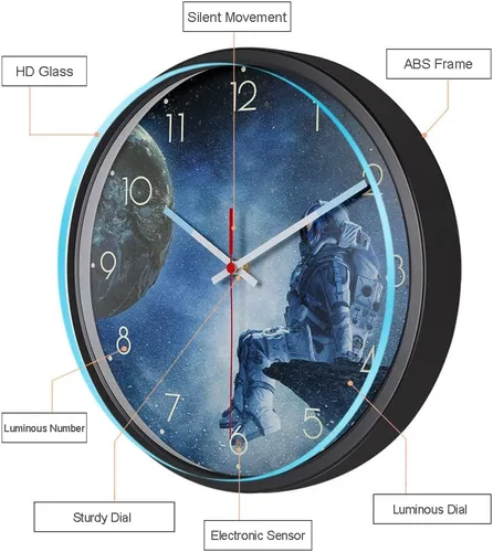 Miniatura 7 de Spaceman - Reloj de pared con tema de astronauta, 12 pulgadas, luz nocturna luminosa y silenciosa, reloj de pared con movimiento silencioso