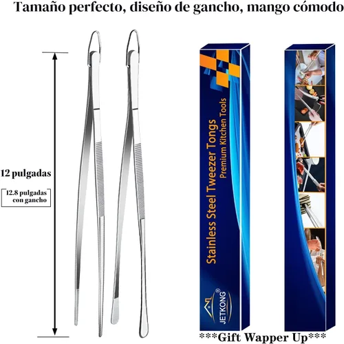 Miniatura 7 de JETKONG 2 pinzas de cocina de 12 pulgadas, pinzas de cocina finas, pinzas de cocina extralargas de acero inoxidable (plateado)