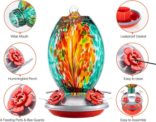 Miniatura 5 de Muse Garden Comedero de vidrio para colibríes para exteriores, comedero de colibríes de vidrio soplado de 27 onzas, regalo único para mamá y mujer