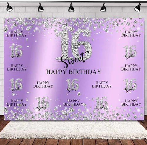 Miniatura 4 de Sensfun Telón de fondo para fiesta de cumpleaños de 16 años, morado y plateado, decoración de dulces dieciséis dulces, diamantes con purpurina
