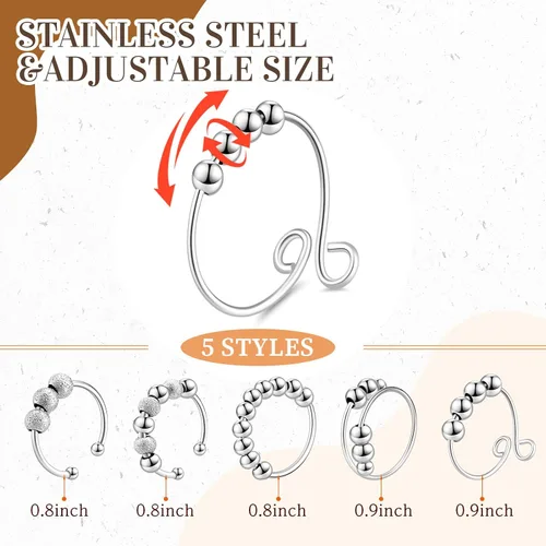 Miniatura 3 de Yinkin 30 anillos para ansiedad para mujeres, de acero inoxidable, ajustable, con cuentas, para hombres y adultos, alivio del estrés (plateado)