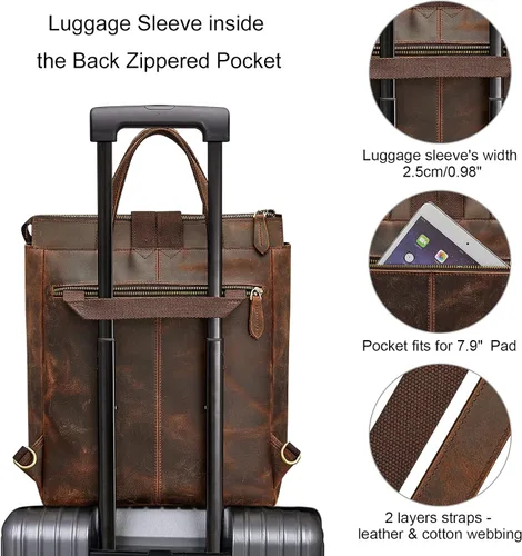 Miniatura 7 de S-ZONE Mochila de piel auténtica para mujer, con estilo retro, estilo vintage