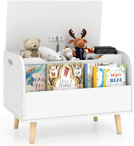 Miniatura 11 de Costzon Caja de juguetes para niños, organizador de almacenamiento de juguetes móvil de madera con estantería y ruedas con cerradura para niñas