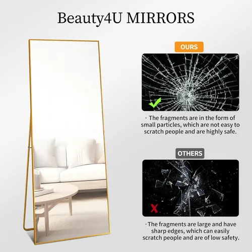 Miniatura 4 de Beauty4U Espejo de Cuerpo Completo de 59" x 16" de Alto con Soporte, Espejo de Cuerpo Completo Dorado para Montaje en Pared, Espejo Templado