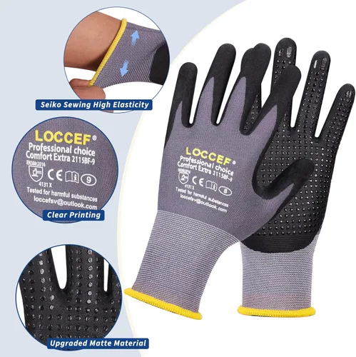 Miniatura 3 de LOCCEF Guantes de Trabajo con Revestimiento de Nitrilo MicroFoam - 6 Pares, Resistencia Tejido Sin Costuras de Nylon, Puntos en la Palma, Guantes