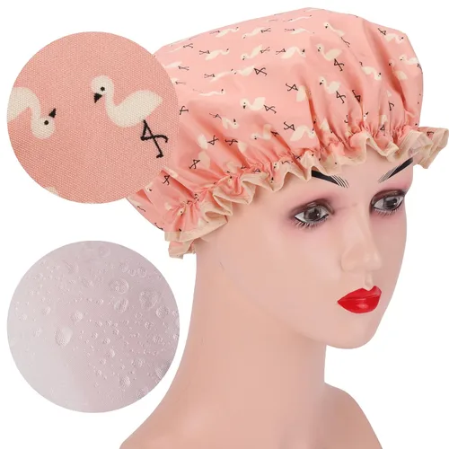 Miniatura 5 de 4 Piezas Gorros de Ducha para Mujeres y Niña, Gorro de Baño Reutilizable e Impermeable con Doble Capa Impermeable, Patrón de Pájaro y Corazón