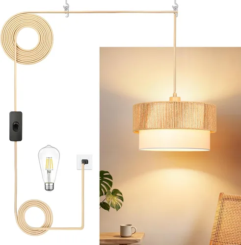 Miniatura 14 de Lámpara Colgante Enchufable de Ratán, Luces Colgantes Boho con Sombra Tejida de Papel y Tela 2 en 1, Bombilla Regulable de 3 Vías Incluida, Lámpara